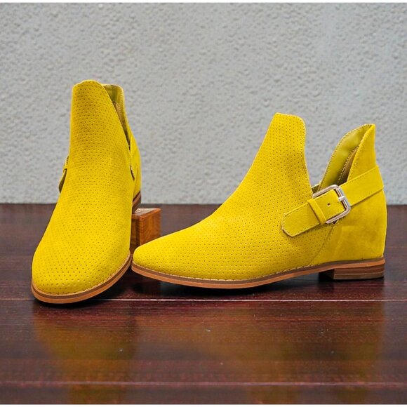 Shoes - Khaki Perforated Faux Suede Ankle Boots With Side Buckle & Low Heel Womens